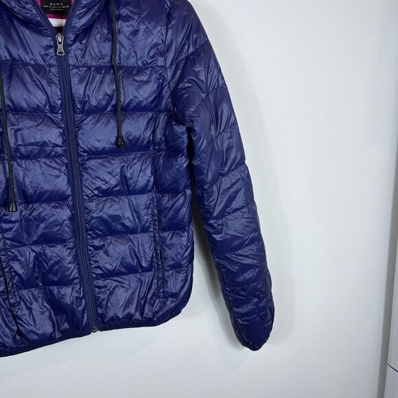 Zara TRF Warm Wear Ultralight Down Full Zip Deep Blue Hoodie Womens Size Medium - Picture 6 of 12